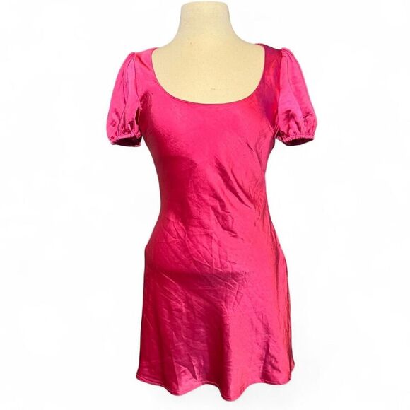 Lush Fuschia Satin Puff Sleeve Mini Dress Y2K Style Barbie Pink Size Medium - Picture 2 of 8